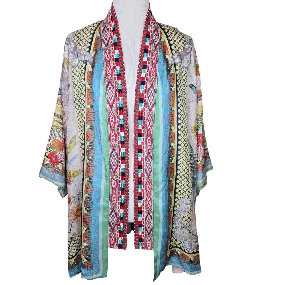 Johnny Was Claret Kimono Reversible 100% Silk Size XL Embroidered Beaded Trim